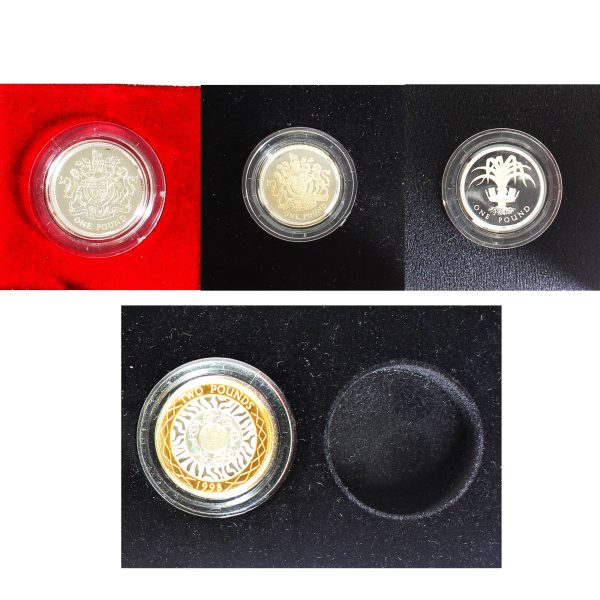 Lot of 4x 1983-2003 UK 1 & 2 Pound Sterling Silver Proof Coins in Cases (Impaired) 4Pcs. Hot on Sale