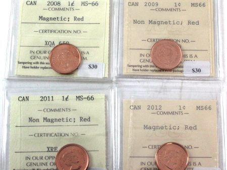 Lot of 4x 2008-2012 Canada 1-Cent ICCS Certified MS-66, 4Pcs. Fashion