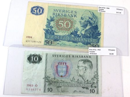 Pair of Sweden 1963 & 1984 10 & 50 Kronor Notes, VF, 2Pcs. Online now