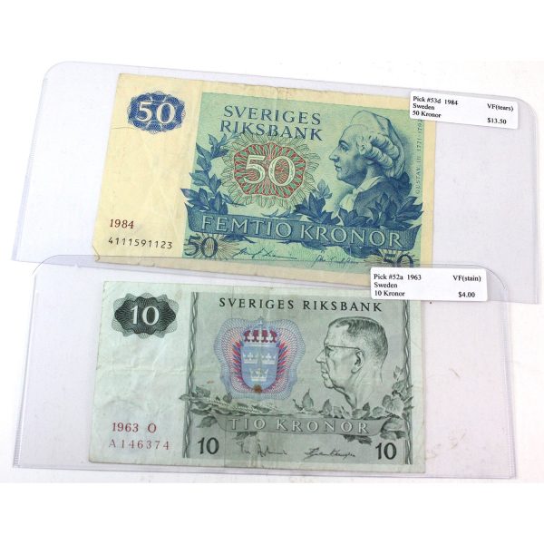 Pair of Sweden 1963 & 1984 10 & 50 Kronor Notes, VF, 2Pcs. Online now