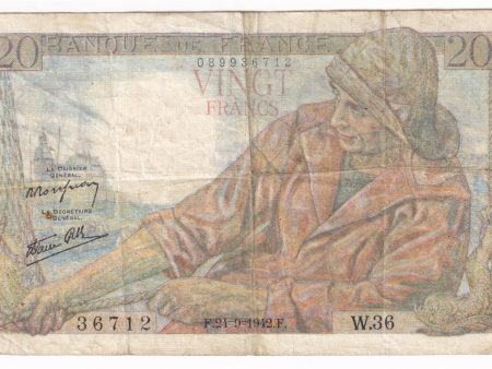 France Note, 1942 20 Francs, VF (Holes or damaged) Fashion