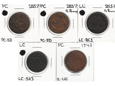 Lot of 5x 1837-1857 Canada Half Penny Bank Tokens Supply