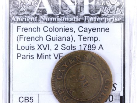 French Guiana 1789A Louis XVI 2 Sous, Billon Silver, Paris Mint, Very Fine (VF-20) Supply