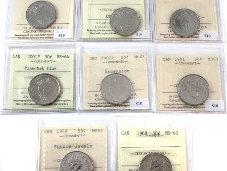 Lot of 8x 1968-2002 Canada 50-cents ICCS Certified MS-63, 8Pcs. For Discount