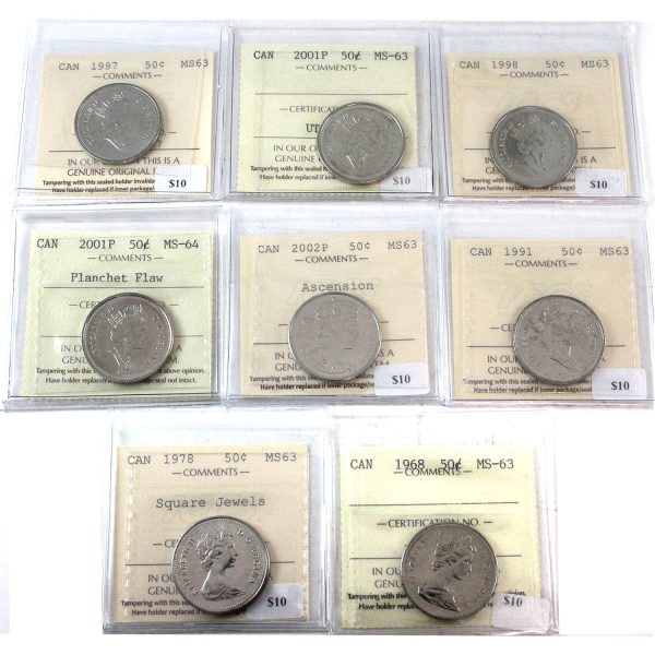 Lot of 8x 1968-2002 Canada 50-cents ICCS Certified MS-63, 8Pcs. For Discount