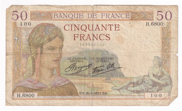 France Note 1937 50 Francs, F (damaged) Supply