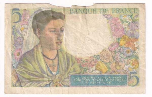 France Note 1943 5 Francs, EF (dam g) Hot on Sale