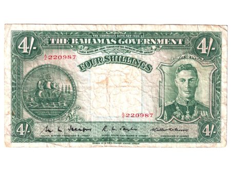 Bahamas Note, Pick #9a 1936 4 Shillings, Very Fine (VF-20) Stains Fashion