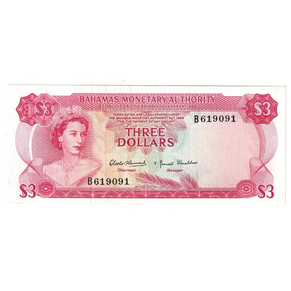 Bahamas Note, 1968 3 Dollars, Pick #28a, EF Supply