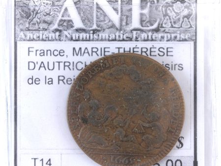 France 1665 Maria Theresa of Austria - Menus Plaisirs de la Reine Copper Token, Very Fine (VF-20) Online Hot Sale