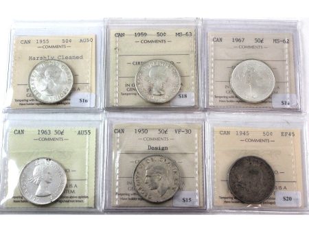 Lot of 6x 1945-1967 Canada 50-cents ICCS Certified VF-30 to MS-63, 6Pcs. on Sale