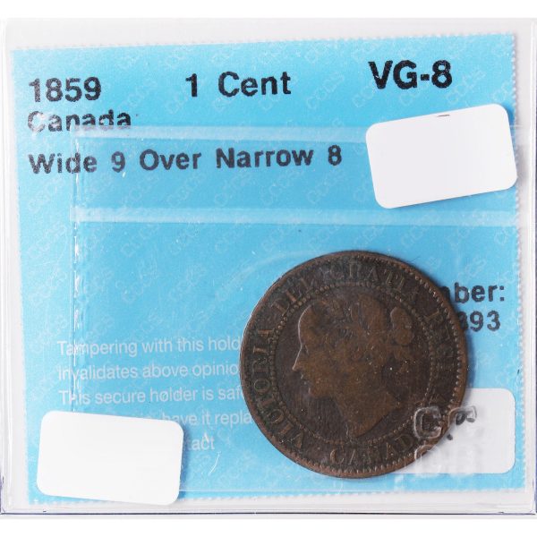 1859 Wide 9 Over Narrow 8 Canada 1-Cent CCCS Certified VG-8 Discount