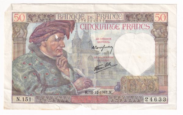 France Note 1941 50 Francs, EF (damaged) Fashion