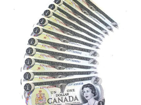 Lot of 12x Sequential BC-46b 1973 Canada $1 Notes, Crow-Bouey, 12Pcs For Sale