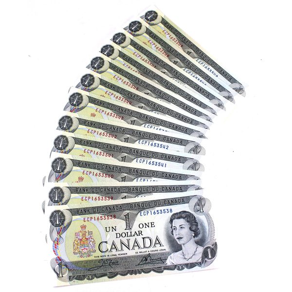 Lot of 12x Sequential BC-46b 1973 Canada $1 Notes, Crow-Bouey, 12Pcs For Sale