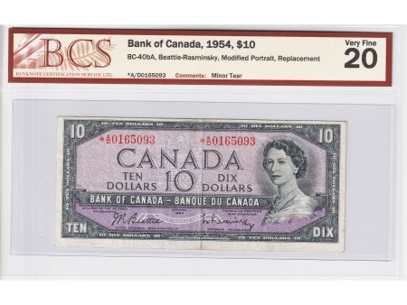 BC-40bA 1954 Canada $10 B-R, Repl., *A D, BCS Cert. VF-20 (Minor tear) Fashion