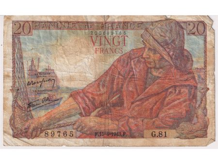 France 1943 20 Francs Note, Fine (Damaged) Fashion