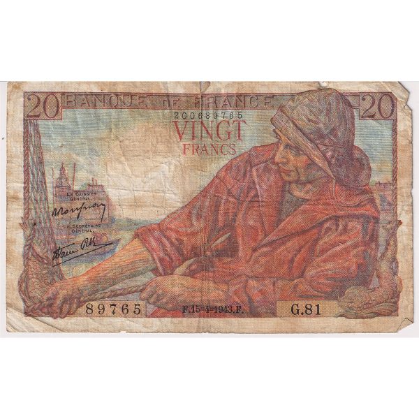 France 1943 20 Francs Note, Fine (Damaged) Fashion