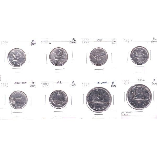 Lot of 8x 1977-2001 Canada 25-cents & Dollars All PL, 8Pcs. (Impaired) For Discount