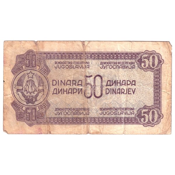 Yugoslavia 1944 50 Dinara Note, Pick #52a, F-VF (Damaged) on Sale