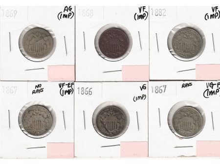 Lot of 6x 1866-1882 USA Nickels, AG to VF-EF, 6Pcs. (Impaired) Sale