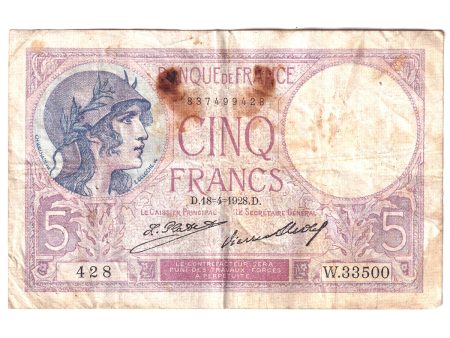 France 1928 5 Francs Note, Pick #72d, VF (Damaged) Online Sale