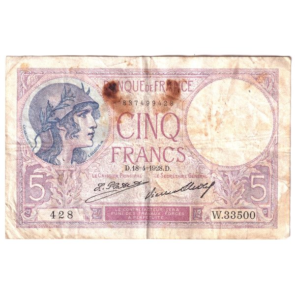 France 1928 5 Francs Note, Pick #72d, VF (Damaged) Online Sale