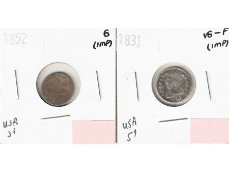 Pair of 1831 & 1852 USA Nickel & 3-Cents, G to VF-F, 2Pcs. (Impaired) For Sale