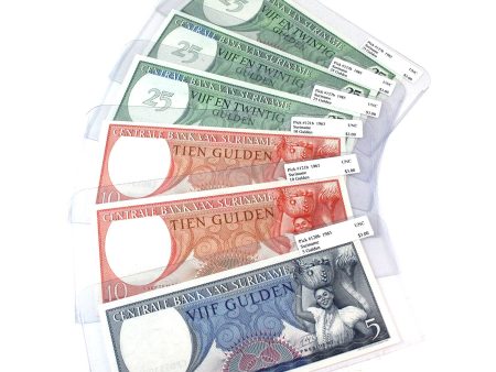 Lot of 6x Suriname 1963-1985 5, 10 and 25 Gulden Notes, All UNC, 6Pcs. (Multiples) on Sale