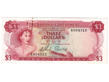 Bahamas 1965 3 Dollars Note, Pick #19a, EF (Rust) For Sale