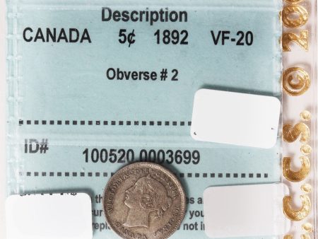 1892 Obv.2 Canada 5-Cents CCCS Certified VF-20 For Sale