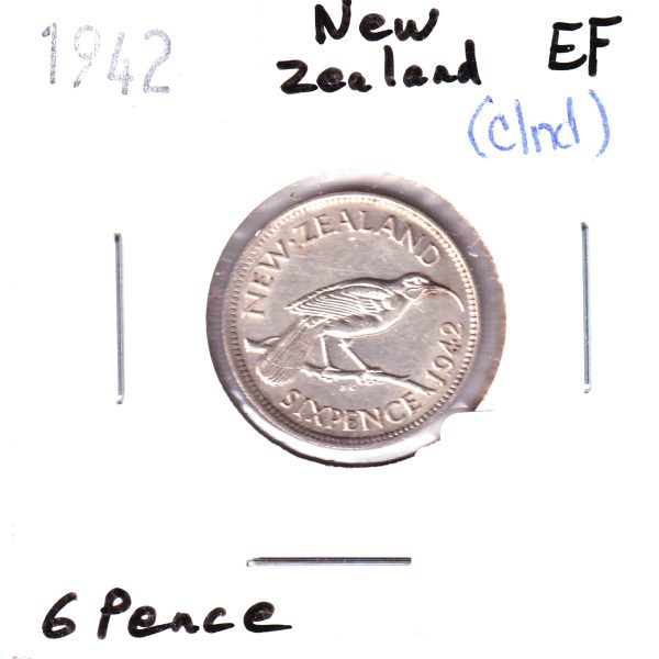 New Zealand 1942 6 Pence .500 Silver, Extra Fine (EF-40) Cleaned Cheap