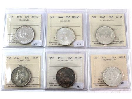 Lot of 6x 1945-1964 Canada 50-cents  ICCS Certified EF-40 to MS-62, 6Pcs. Online now