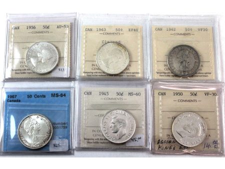 Lot of 6x 1945-1967 Canada 50-cents ICCS & CCCS Certified VF-30 to MS-64, 6Pcs. on Sale