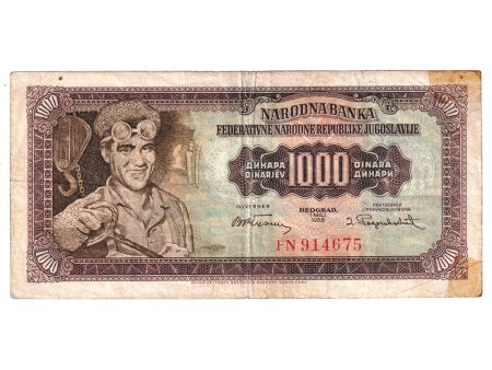 Yugoslavia Note, 1955 1000 Dinara, Plate #2, Pick #71b, VF (Tape) Hot on Sale