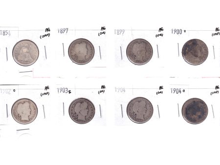 Lot of 8x 1854-1904 USA Quarters, All AG, 8Pcs. (Impaired) Online Sale