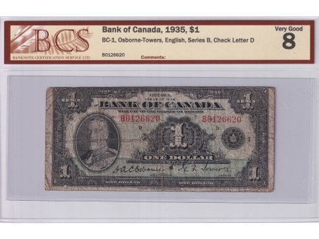 BC-1 1935 Canada $1 Osborne-Towers, English, Series B, Check D, BCS Certified VG-8 Online Hot Sale