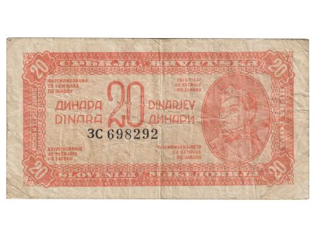 Yugoslavia 1944 20 Dinara Note, Pick #51b, F-VF For Cheap