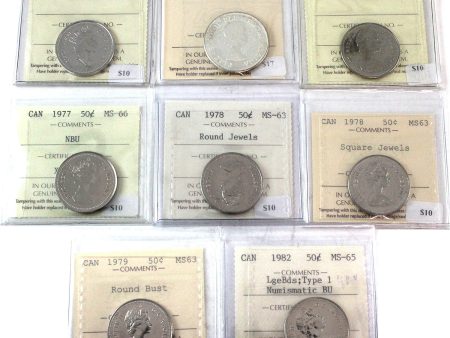 Lot of 8x 1960-2001 Canada 50-cents ICCS Certified MS-63 to MS-65, 8Pcs. For Cheap