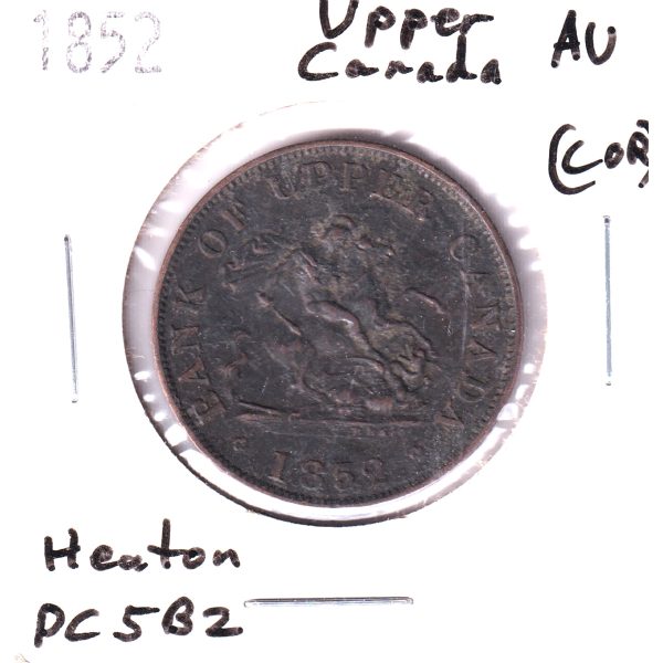 PC-5B2 1852 Province of Canada, Heaton Half Penny Token Almost Unc. (AU-50) Corrosion For Cheap