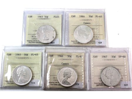 Lot of 5x 1963-1967 Canada 50-cents ICCS Certified SP-66 to PL-65, 5Pcs. Fashion