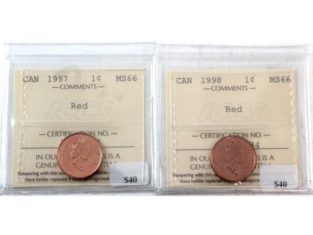 Pair of 1997 & 1998 Canada 1-Cent ICCS Certified MS-66 Red , 2Pcs. Supply