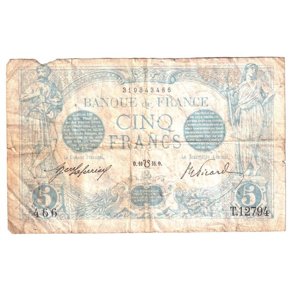 France 1916 5 Francs Note, Pick #70, VF (Damaged) For Discount