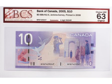 BC-68b-N1-iii 2005 Canada $10 J-C, BFB, 4 Digit RADAR, BCS Cert. CUNC-63 Orig. For Cheap